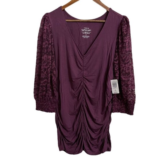 Torrid Womens NWT Super Soft Lace Bishop Sleeve Purple Ruched Top Size 3X - Picture 2 of 10